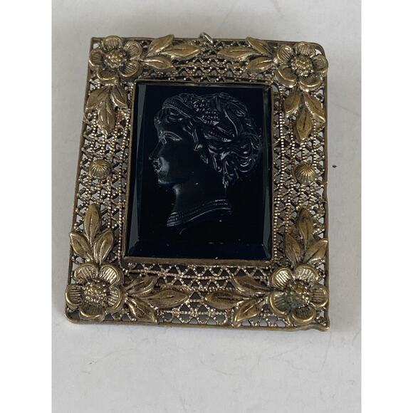 Czecho Black Glass Mourning Cameo Filigree Pin Brooch Pendant Vintage Antique? - Picture 6 of 13